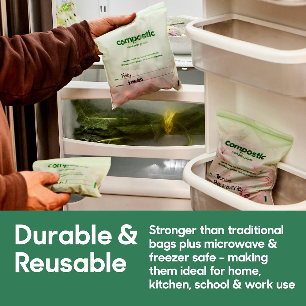 Compostic Compostable Sandwich Bags, Snack Bags, Quart & Gallon Food Storage Bags Variety Pack (145 Count) — Resealable Zip-Seal, Plant-Based, Freezer & Microwave Safe, Non-Toxic, BPA-Free, GMO-Free