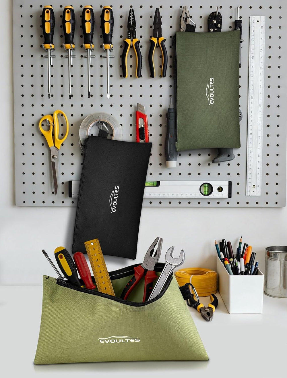 EVOULTES 12 Inch Tool Pouches with Zipper, Small Tools Bags with Carabiner, Multi Purpose Utility Organizer Bags for Tools (3 Pack in Tan, Navy Green, Black)