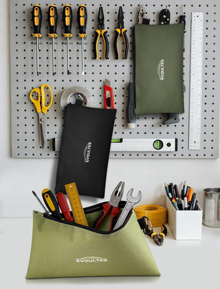 EVOULTES 12 Inch Tool Pouches with Zipper, Small Tools Bags with Carabiner, Multi Purpose Utility Organizer Bags for Tools (3 Pack in Tan, Navy Green, Black)