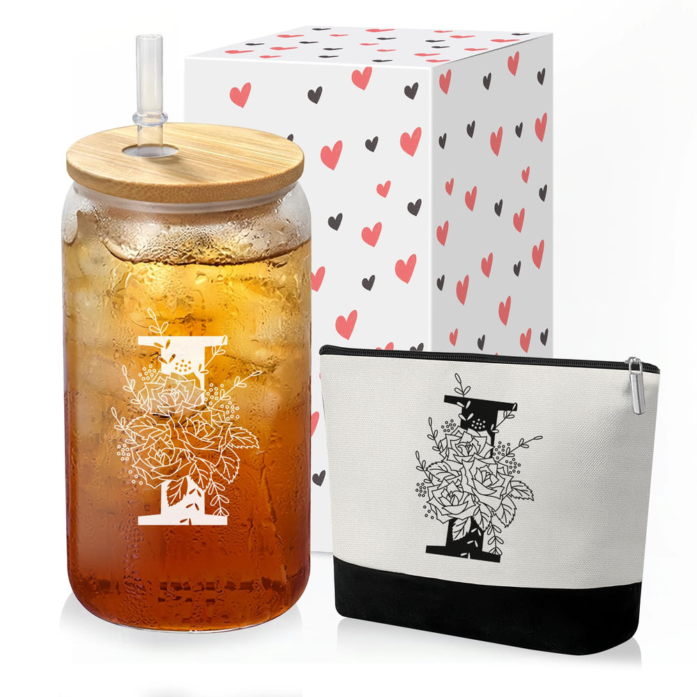 Custom Glass Cup & Makeup Bag Set - Personalized Gifts for Women, Initial 16 oz Glass Tumbler with Lid & Straw, Monogram Makeup Bag - Birthday Gifts For Women, Mother's Day Presents(S)