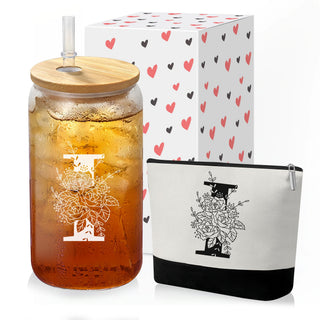 Custom Glass Cup & Makeup Bag Set - Personalized Gifts for Women, Initial 16 oz Glass Tumbler with Lid & Straw, Monogram Makeup Bag - Birthday Gifts For Women, Mother's Day Presents(S)