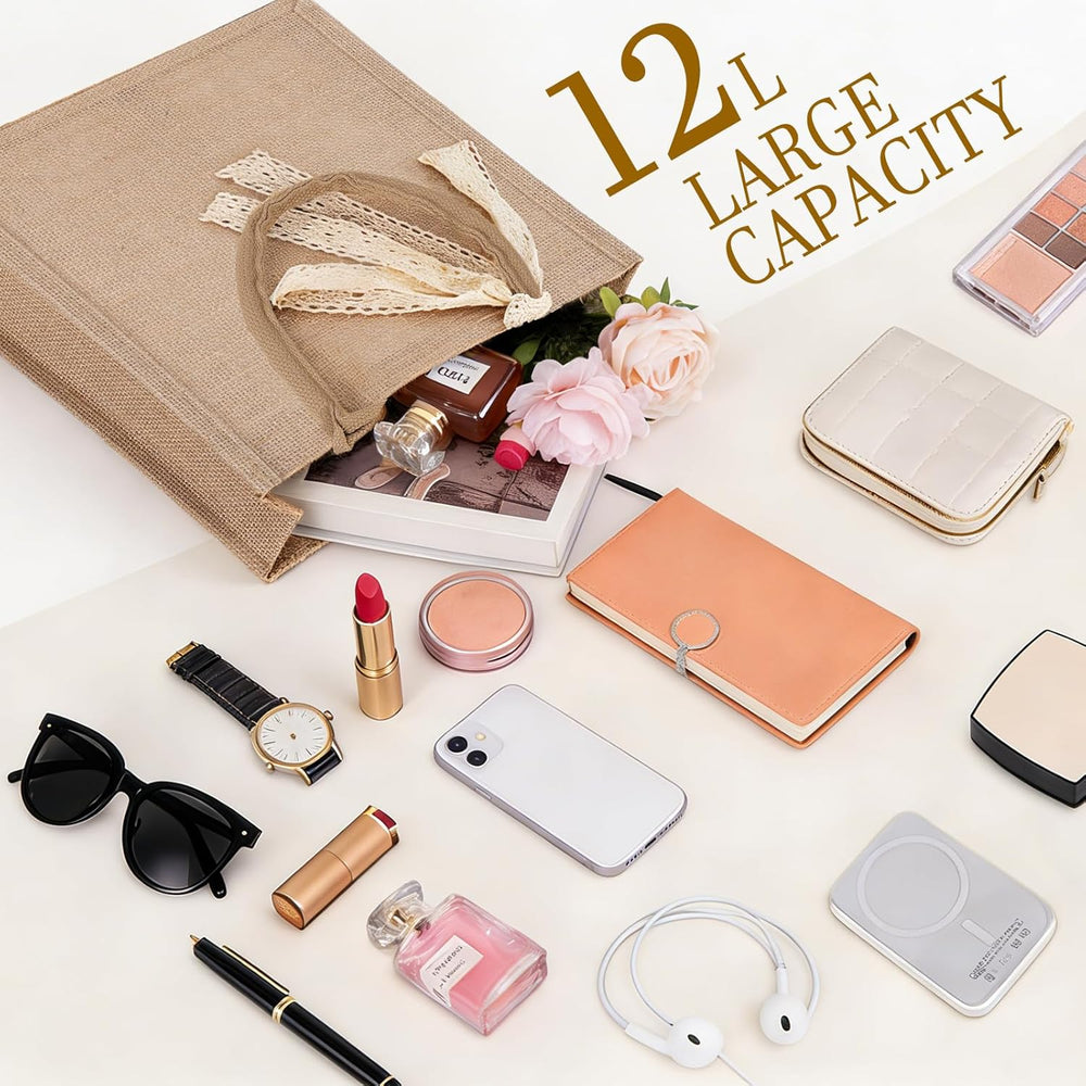 Small 6pcs Burlap Tote Bag Set with Handles, 11*9.45*3.94 Inch Waterproof Reusable Blank Grocery Bags with Ribbon Large Jute Tote for Women Bridesmaid Gift Beach Shopping Wedding Travel DIY