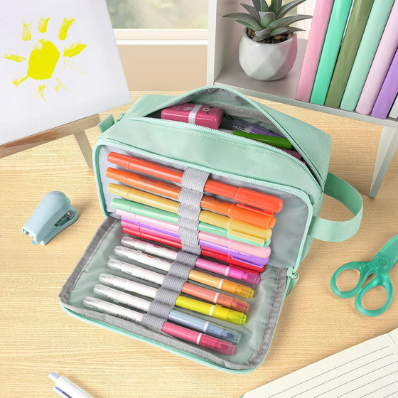 Sooez Original High Capacity Pencil Case, Big Pencil Bag Pouch Box Organizer Pen Case, Aesthetic Supply for Girls Adults, Portable Journaling Supplies with Easy Grip Handle & Loop, Mint Green - hover image