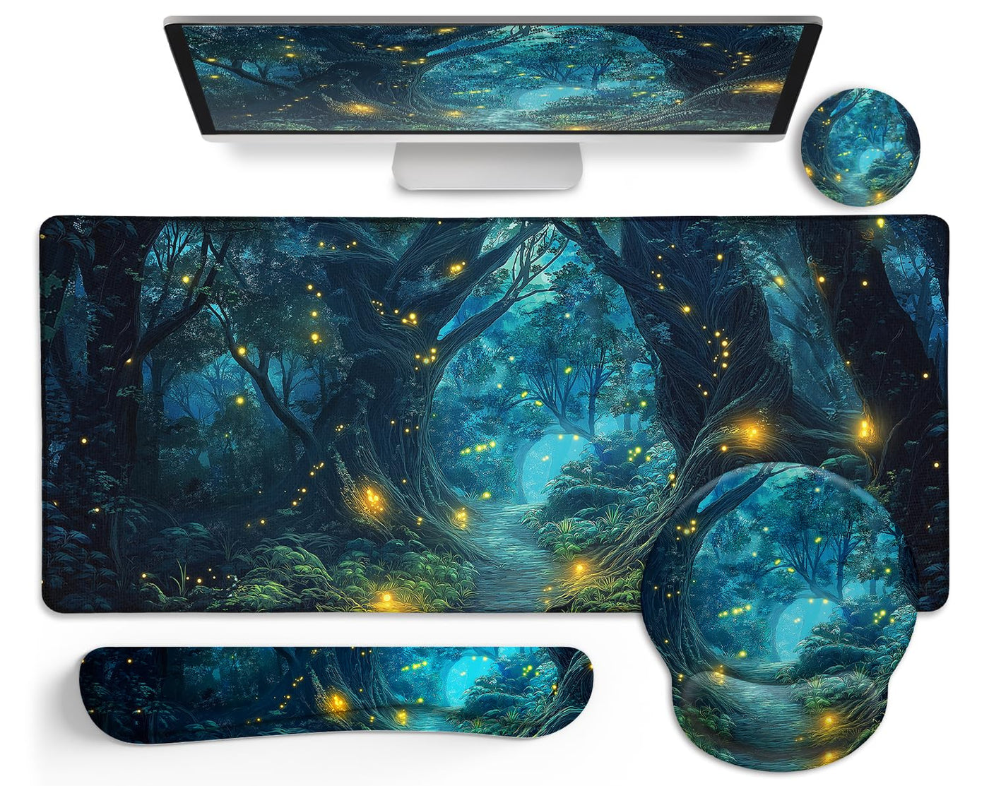LIMKRIAN Desk Mat Set, Large Gaming Mouse Pad with Wrist Rest, Ergonomic Mouse Pad Keyboard Mat Wrist Support, Cup Coaster, Home Office Desk Accessories Decor Supplies, Funny Black Cat