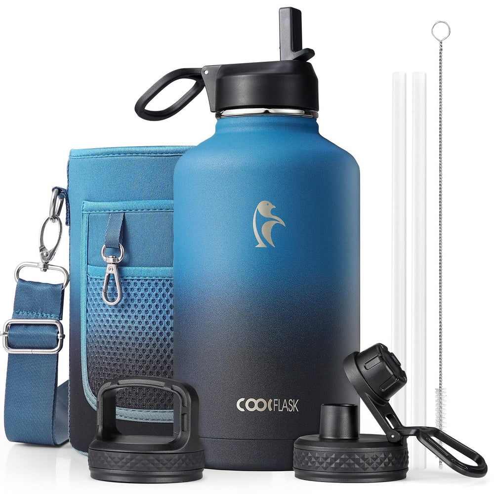Water Bottle 40 oz Insulated with Straw&Brush, Coolflask Vaccum Stainless Steel Metal 3 Lids Water Flask for Sports, Gym or Office, Keep Cold 48H Hot 24H, Magic Black