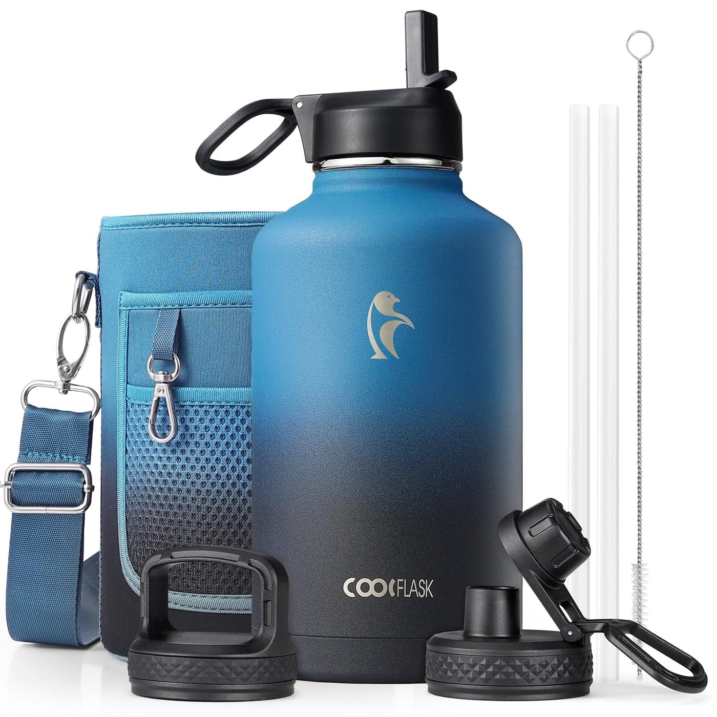Water Bottle 40 oz Insulated with Straw&Brush, Coolflask Vaccum Stainless Steel Metal 3 Lids Water Flask for Sports, Gym or Office, Keep Cold 48H Hot 24H, Magic Black