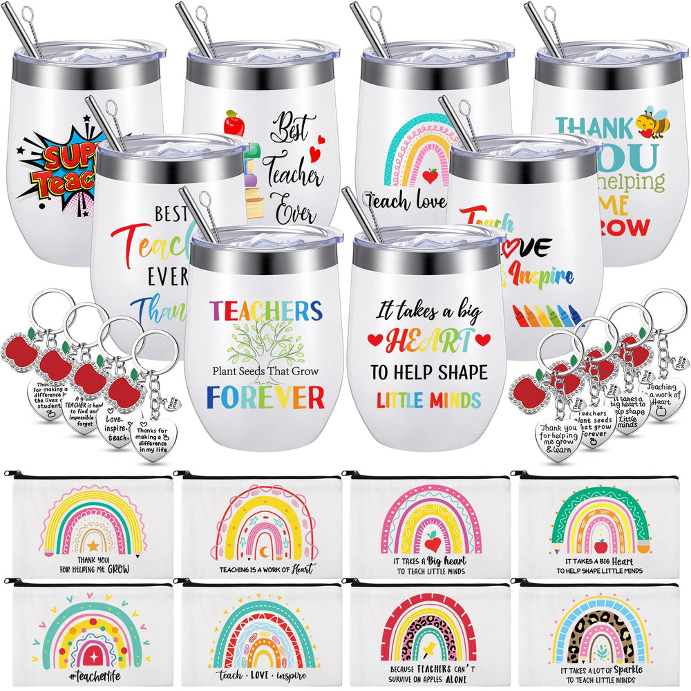Umigy 24 Pcs Teacher Appreciation Gift Bulk 12 oz End Year of Teacher Black Wine Tumblers Graduation Thank You Gift 8 Rainbow Makeup Bag 8 Apple Shaped Keychain 8 Mug Cups for Women School (Bright)