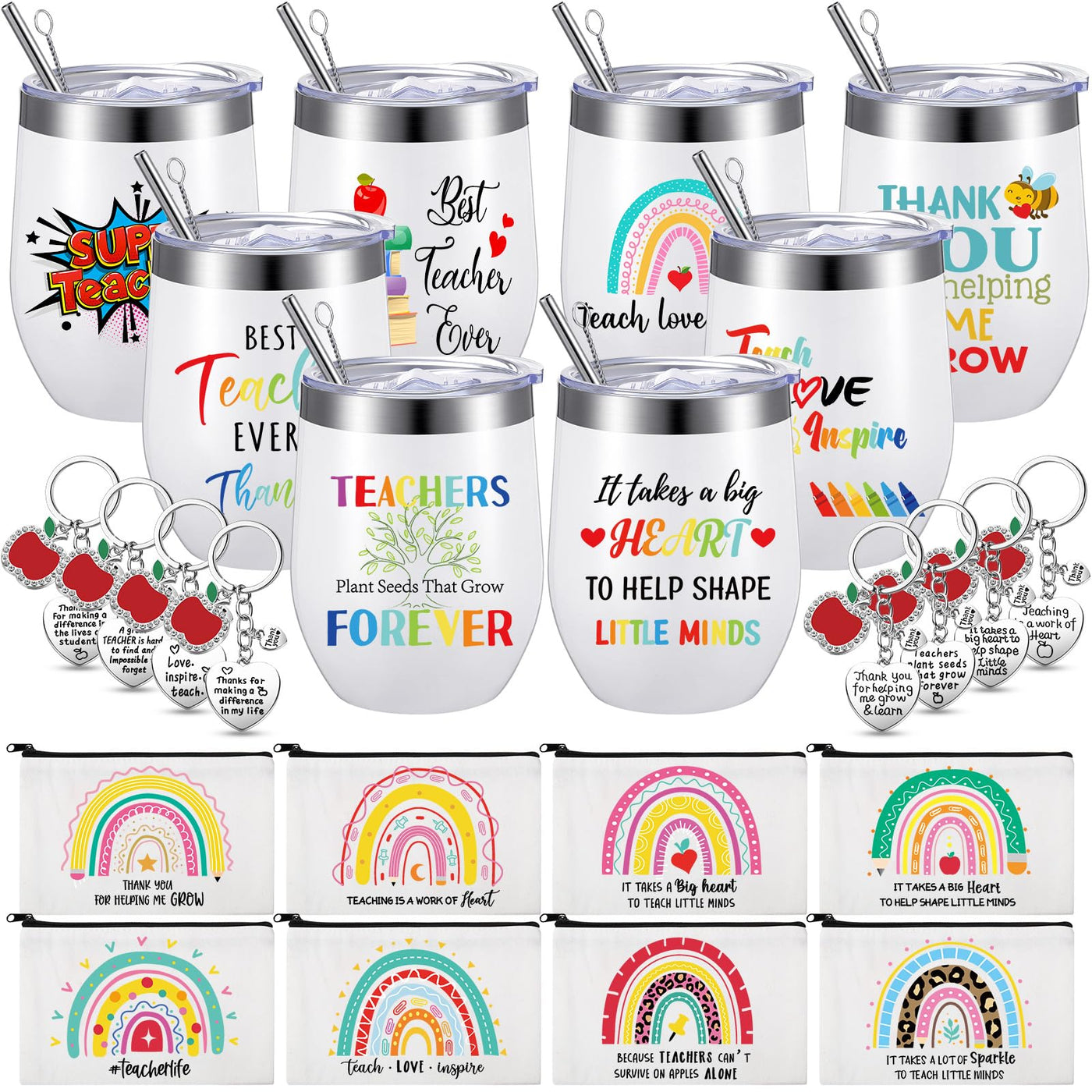 Umigy 24 Pcs Teacher Appreciation Gift Bulk 12 oz End Year of Teacher Black Wine Tumblers Graduation Thank You Gift 8 Rainbow Makeup Bag 8 Apple Shaped Keychain 8 Mug Cups for Women School (Bright)