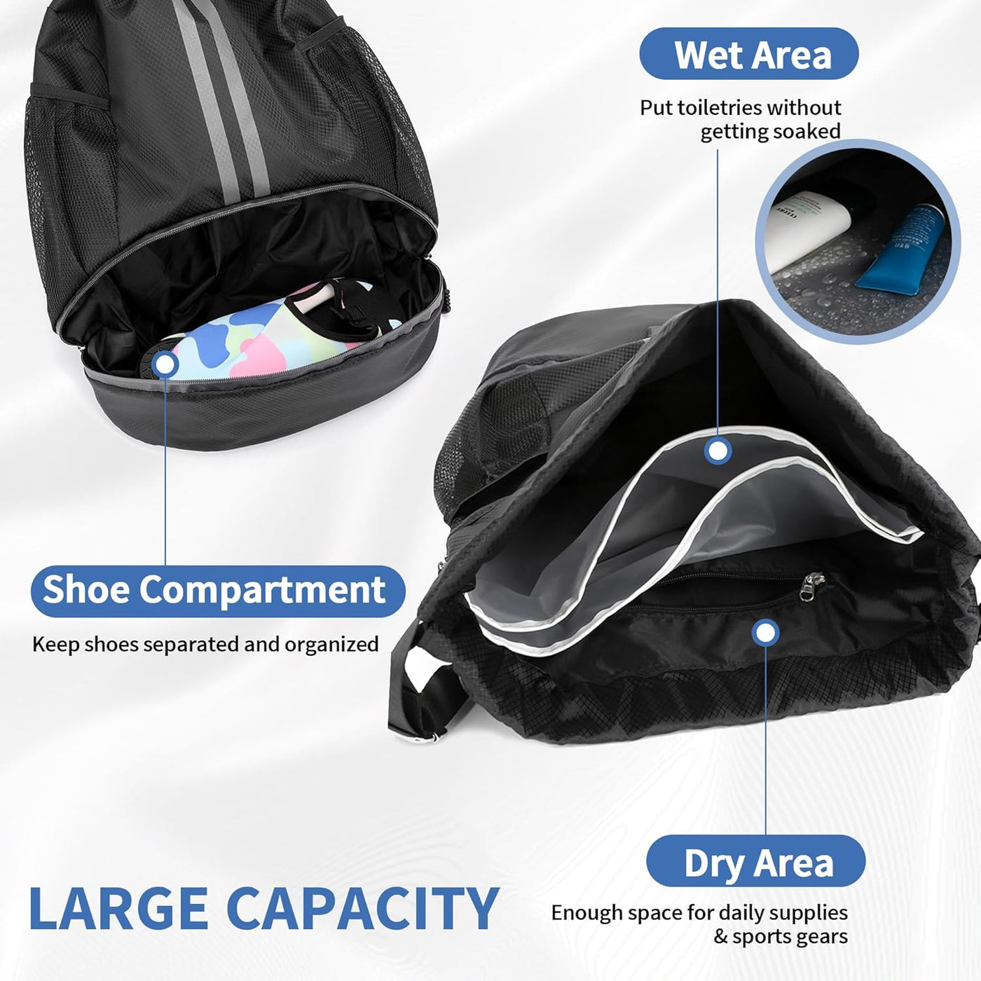 JELUTAR Drawstring Backpack Gym Bag with Shoes Compartment for Soccer, Basketball, Swim, Water-Resistant String Backpack Beach Cinch for Women Men