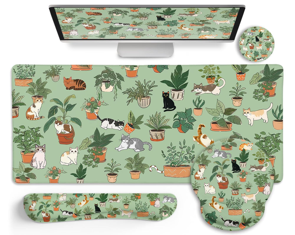 LIMKRIAN Desk Mat Set, Large Gaming Mouse Pad with Wrist Rest, Ergonomic Mouse Pad Keyboard Mat Wrist Support, Cup Coaster, Home Office Desk Accessories Decor Supplies, Funny Black Cat