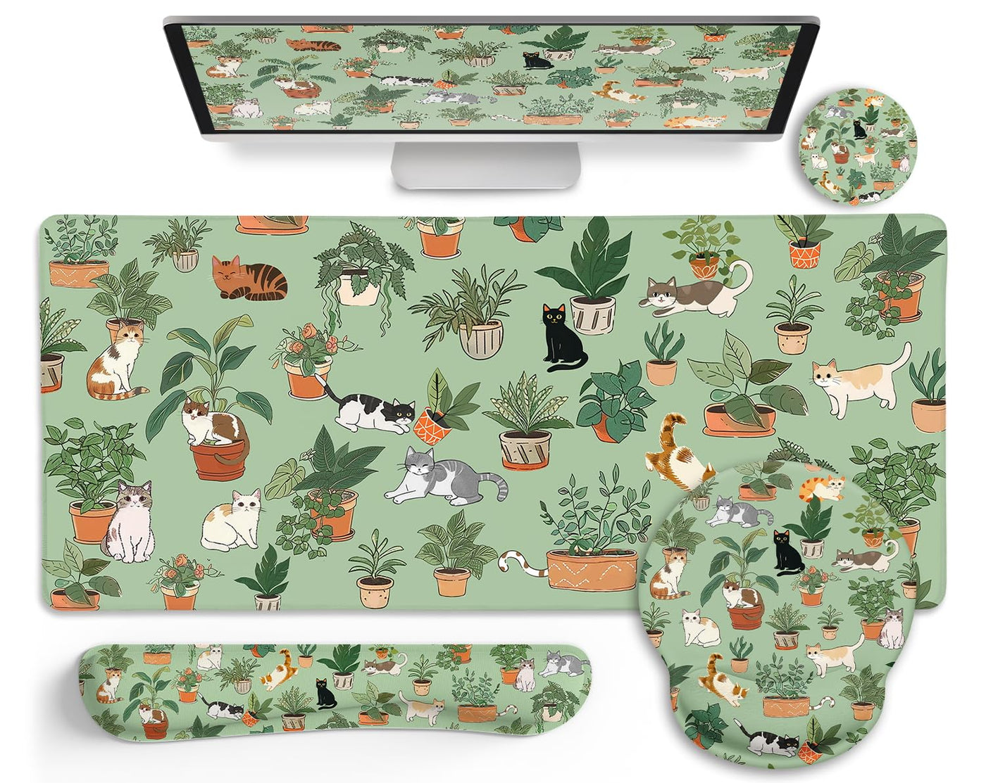 LIMKRIAN Desk Mat Set, Large Gaming Mouse Pad with Wrist Rest, Ergonomic Mouse Pad Keyboard Mat Wrist Support, Cup Coaster, Home Office Desk Accessories Decor Supplies, Funny Black Cat