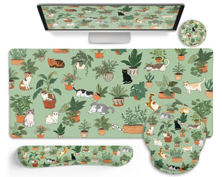 LIMKRIAN Desk Mat Set, Large Gaming Mouse Pad with Wrist Rest, Ergonomic Mouse Pad Keyboard Mat Wrist Support, Cup Coaster, Home Office Desk Accessories Decor Supplies, Funny Black Cat
