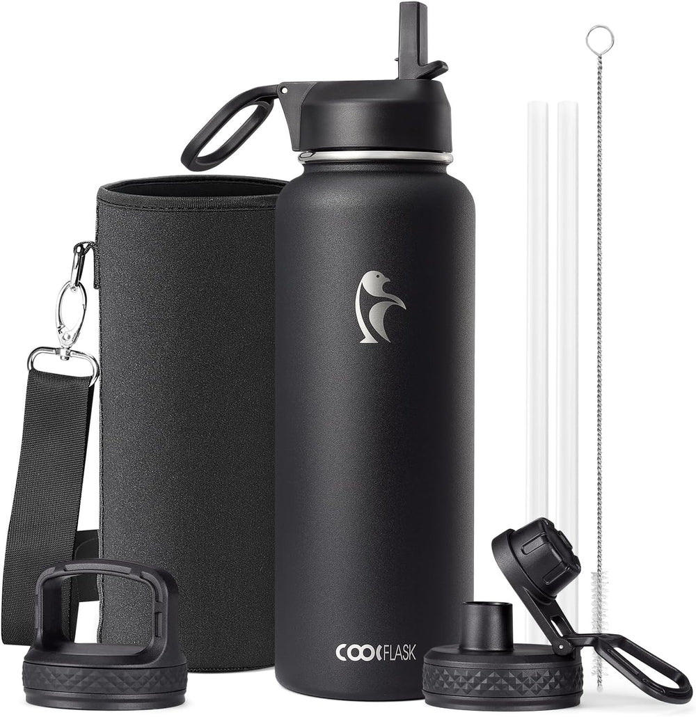 Water Bottle 40 oz Insulated with Straw&Brush, Coolflask Vaccum Stainless Steel Metal 3 Lids Water Flask for Sports, Gym or Office, Keep Cold 48H Hot 24H, Magic Black