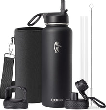 Water Bottle 40 oz Insulated with Straw&Brush, Coolflask Vaccum Stainless Steel Metal 3 Lids Water Flask for Sports, Gym or Office, Keep Cold 48H Hot 24H, Magic Black