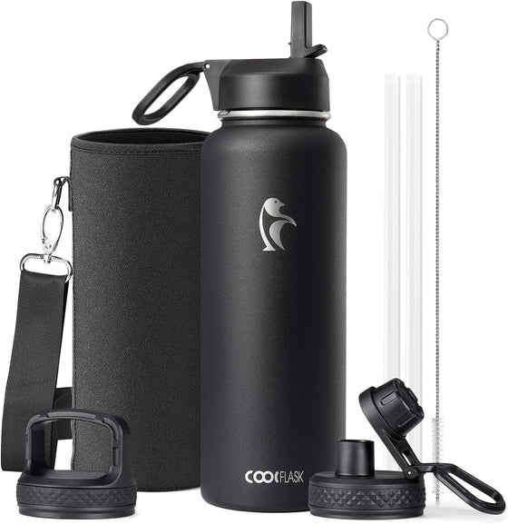 Water Bottle 40 oz Insulated with Straw&Brush, Coolflask Vaccum Stainless Steel Metal 3 Lids Water Flask for Sports, Gym or Office, Keep Cold 48H Hot 24H, Magic Black