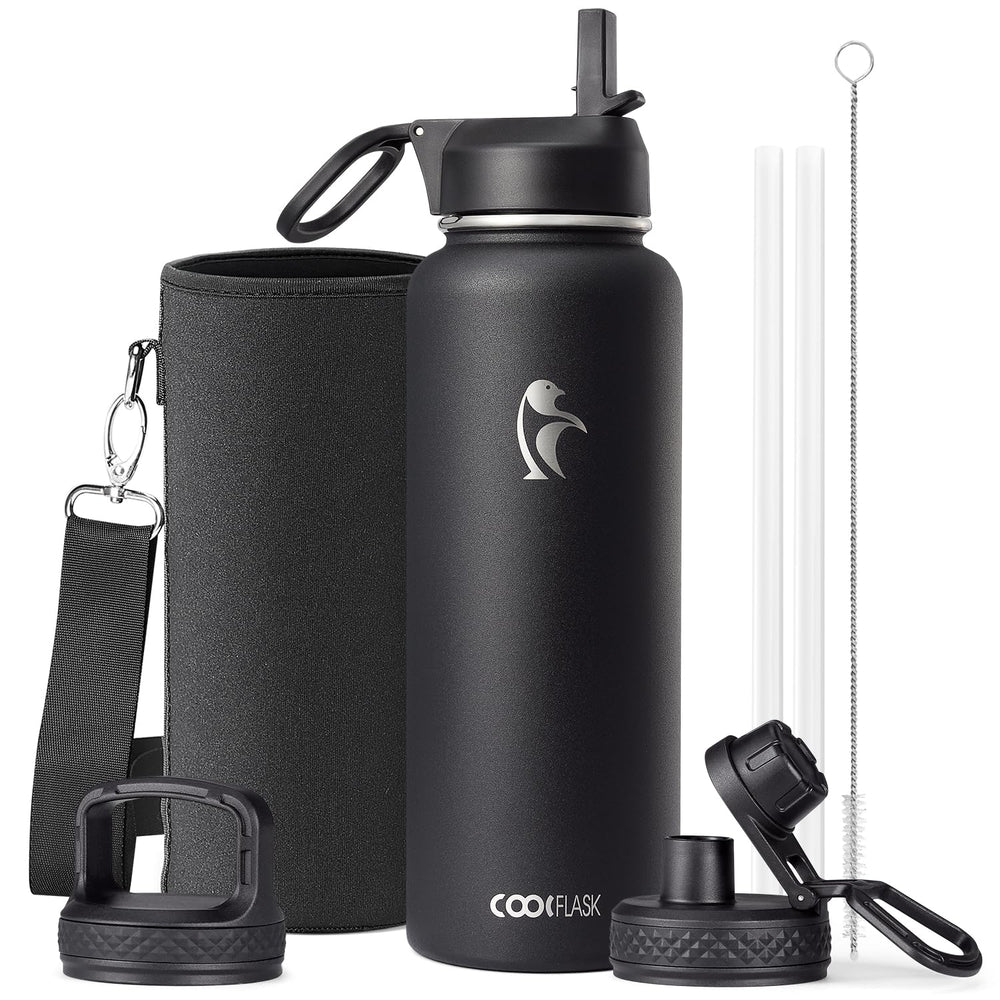 Water Bottle 40 oz Insulated with Straw&Brush, Coolflask Vaccum Stainless Steel Metal 3 Lids Water Flask for Sports, Gym or Office, Keep Cold 48H Hot 24H, Magic Black