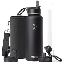 Water Bottle 40 oz Insulated with Straw&Brush, Coolflask Vaccum Stainless Steel Metal 3 Lids Water Flask for Sports, Gym or Office, Keep Cold 48H Hot 24H, Magic Black