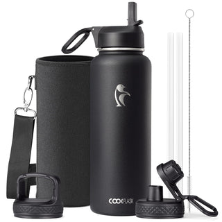 Water Bottle 40 oz Insulated with Straw&Brush, Coolflask Vaccum Stainless Steel Metal 3 Lids Water Flask for Sports, Gym or Office, Keep Cold 48H Hot 24H, Magic Black