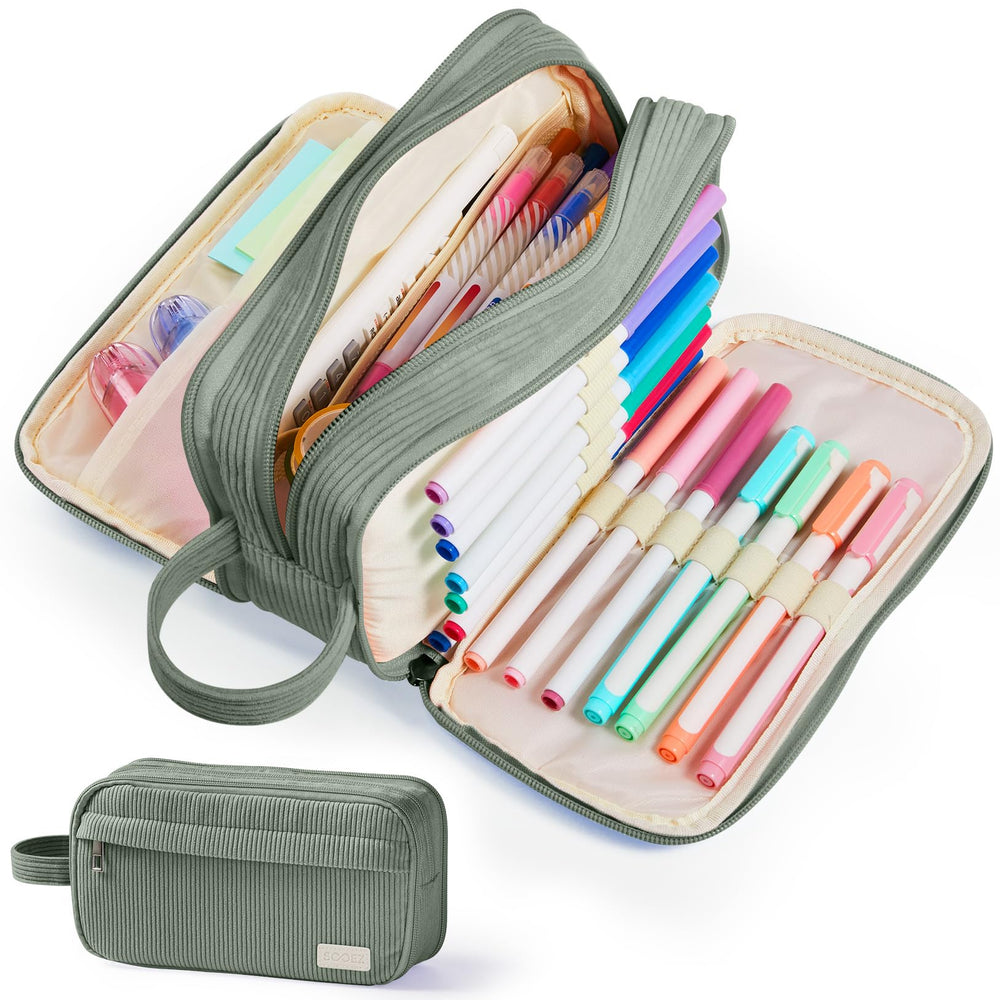 Sooez High Capacity Pencil Case, Soft Corduroy Pencil Pouch with 4 Compartments, Multiple Pockets, Large Pencil Bag with Sturdy Zipper, Cute Pencil Case Pouch Organizer for Student Teen Girls, Blue