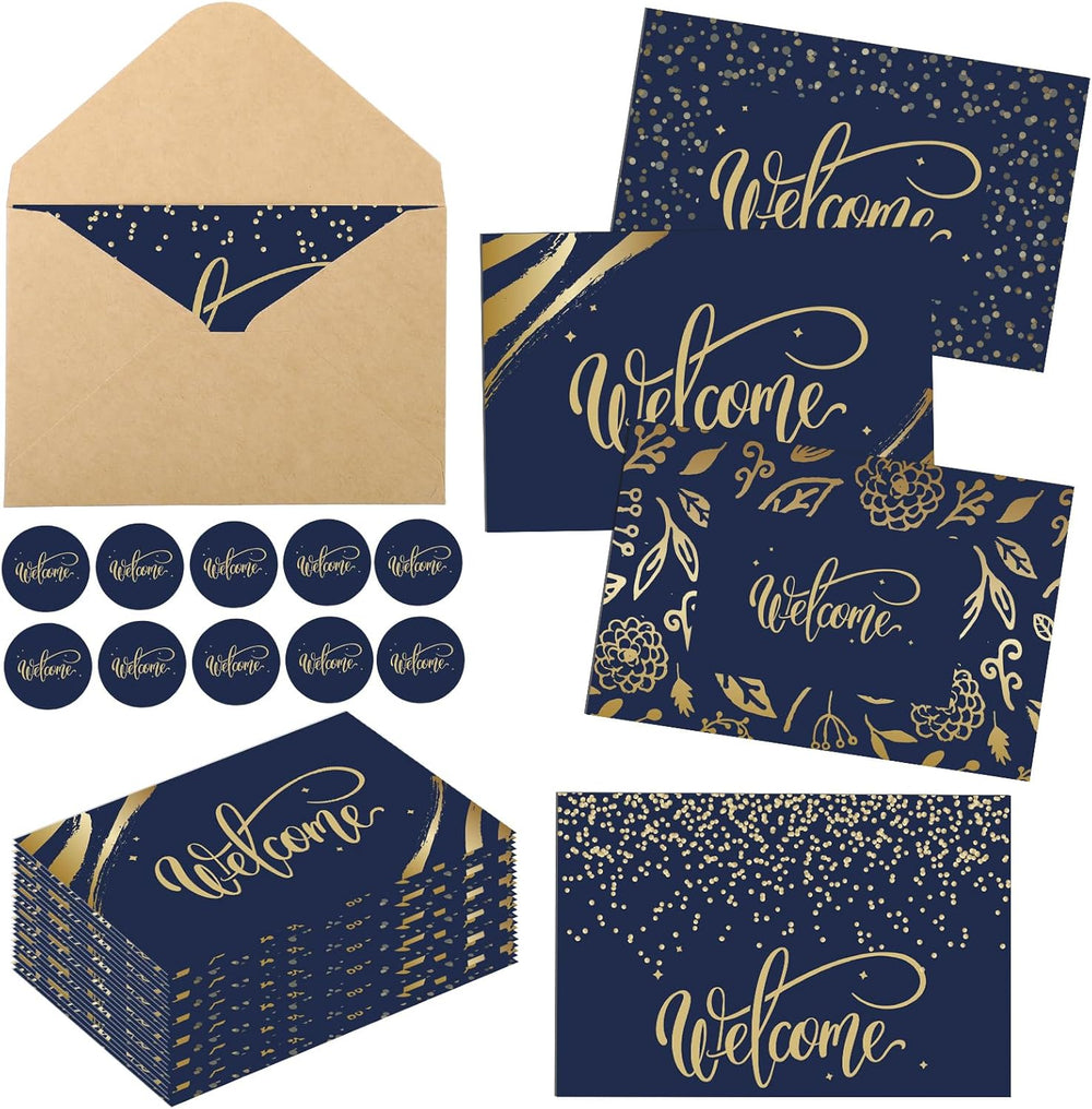 Fumete 72 Sets Bulk Welcome Card Golden for Guest with Kraft Envelope Sticker Blank 6x4 in Interior Welcomes Note Card Paper Hotel Business Greeting Postcard Wedding Employee Team (Blue)