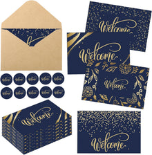 Fumete 72 Sets Bulk Welcome Card Golden for Guest with Kraft Envelope Sticker Blank 6x4 in Interior Welcomes Note Card Paper Hotel Business Greeting Postcard Wedding Employee Team (Blue)