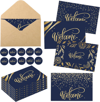 Fumete 72 Sets Bulk Welcome Card Golden for Guest with Kraft Envelope Sticker Blank 6x4 in Interior Welcomes Note Card Paper Hotel Business Greeting Postcard Wedding Employee Team (Blue)