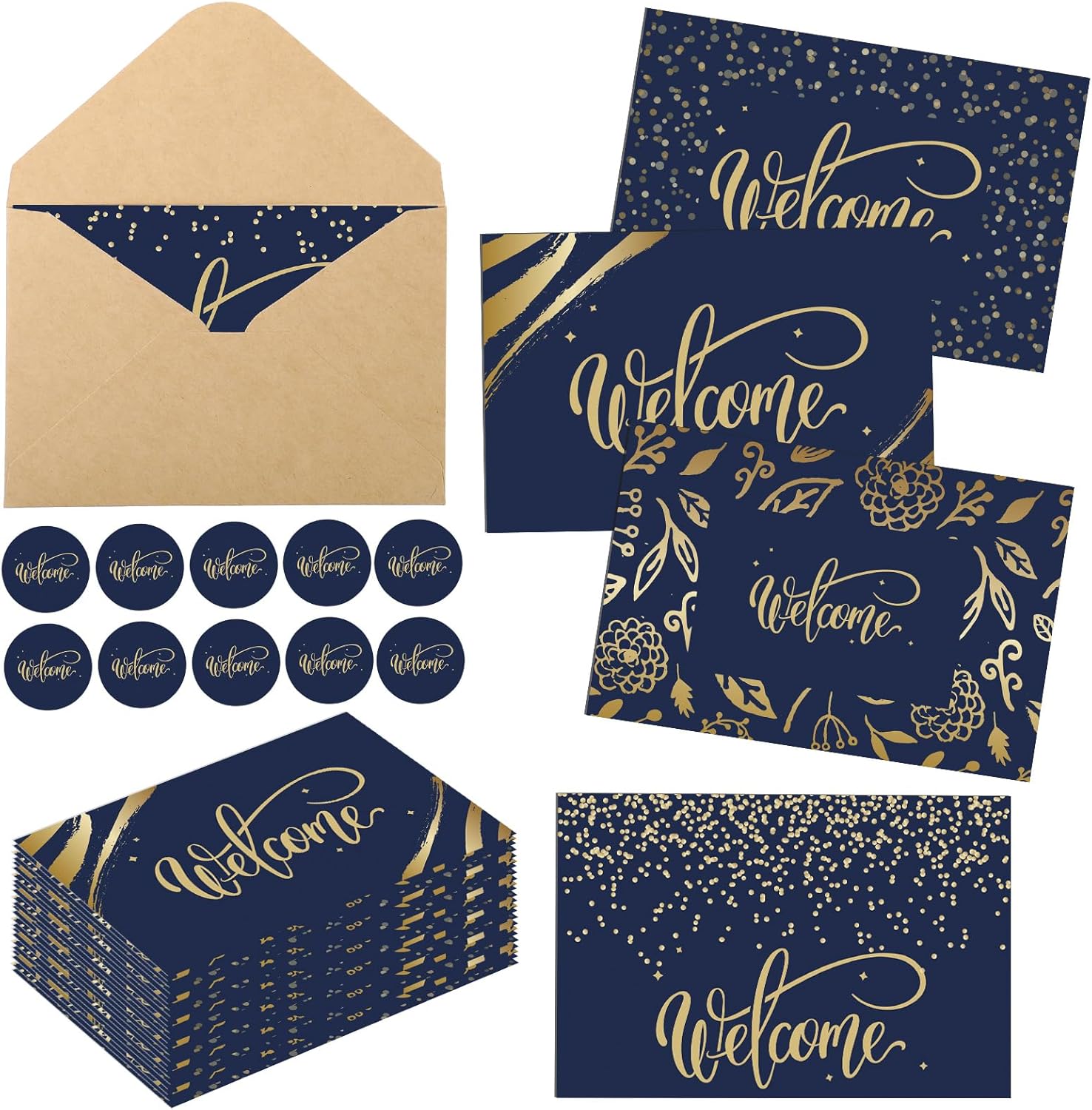 Fumete 72 Sets Bulk Welcome Card Golden for Guest with Kraft Envelope Sticker Blank 6x4 in Interior Welcomes Note Card Paper Hotel Business Greeting Postcard Wedding Employee Team (Blue)