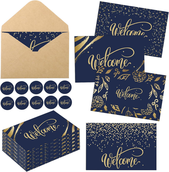 Fumete 72 Sets Bulk Welcome Card Golden for Guest with Kraft Envelope Sticker Blank 6x4 in Interior Welcomes Note Card Paper Hotel Business Greeting Postcard Wedding Employee Team (Blue)