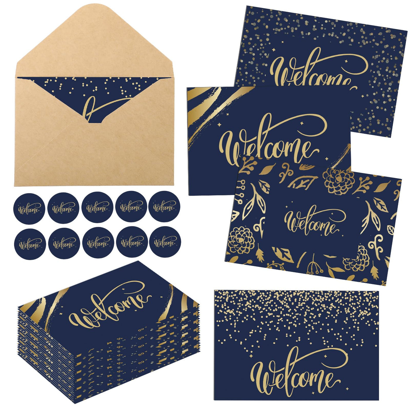 Fumete 72 Sets Bulk Welcome Card Golden for Guest with Kraft Envelope Sticker Blank 6x4 in Interior Welcomes Note Card Paper Hotel Business Greeting Postcard Wedding Employee Team (Blue)