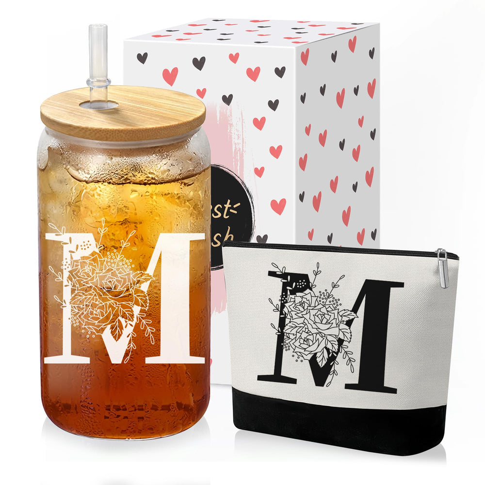 Custom Glass Cup & Makeup Bag Set - Personalized Gifts for Women, Initial 16 oz Glass Tumbler with Lid & Straw, Monogram Makeup Bag - Birthday Gifts For Women, Mother's Day Presents(S)