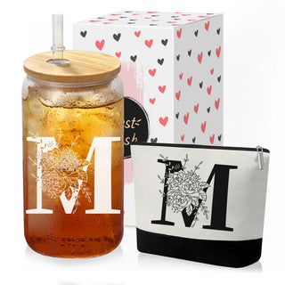 Custom Glass Cup & Makeup Bag Set - Personalized Gifts for Women, Initial 16 oz Glass Tumbler with Lid & Straw, Monogram Makeup Bag - Birthday Gifts For Women, Mother's Day Presents(S)