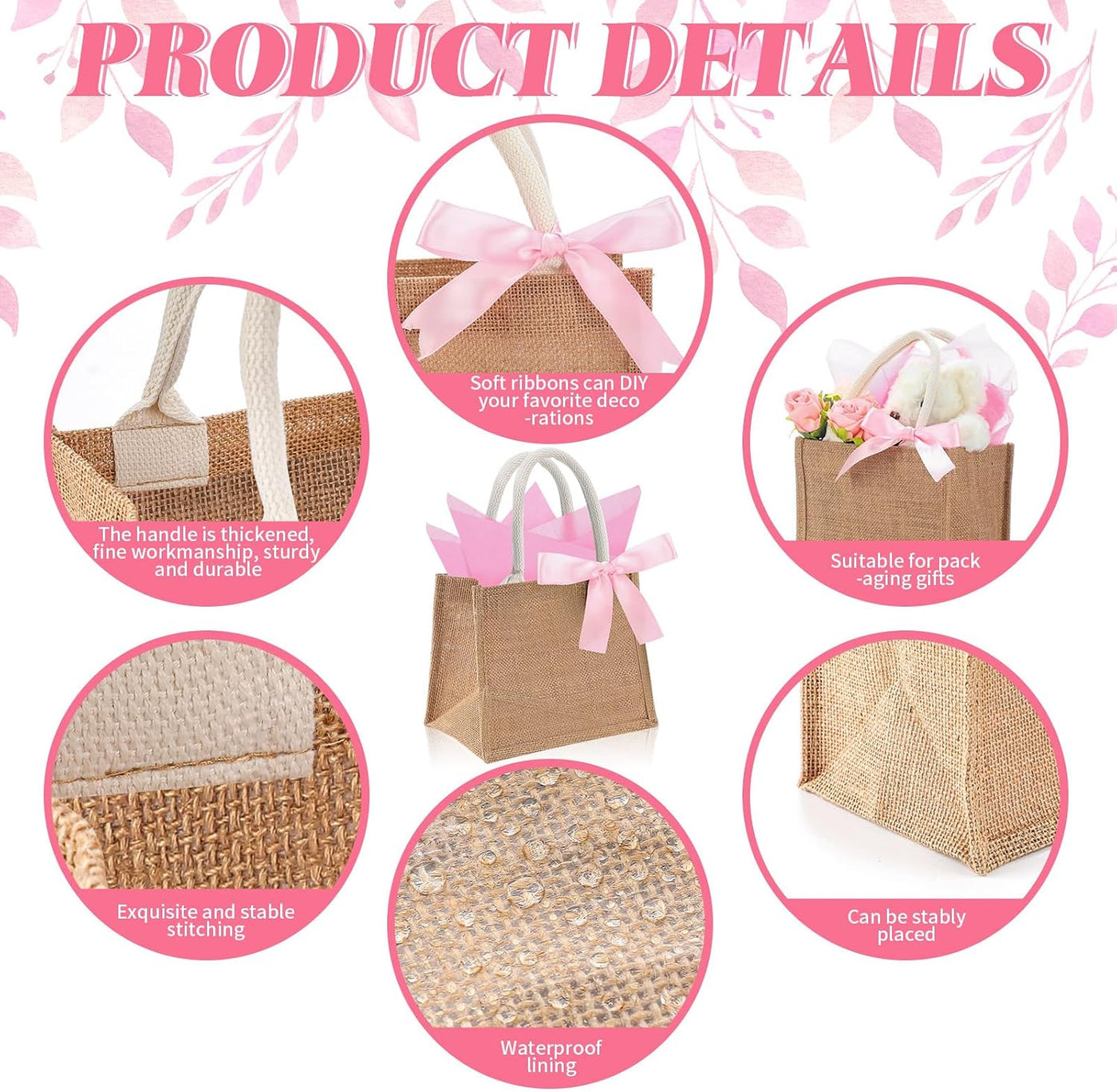 Shinylin 12 Pack Burlap Tote Bags Bulk with Handles Small Wedding Jute Tote Bag with Pink Tissue Paper & Ribbon, Reusable Party Favor Bags for Bridesmaid Proposal Bridal Shower Galentine's Day