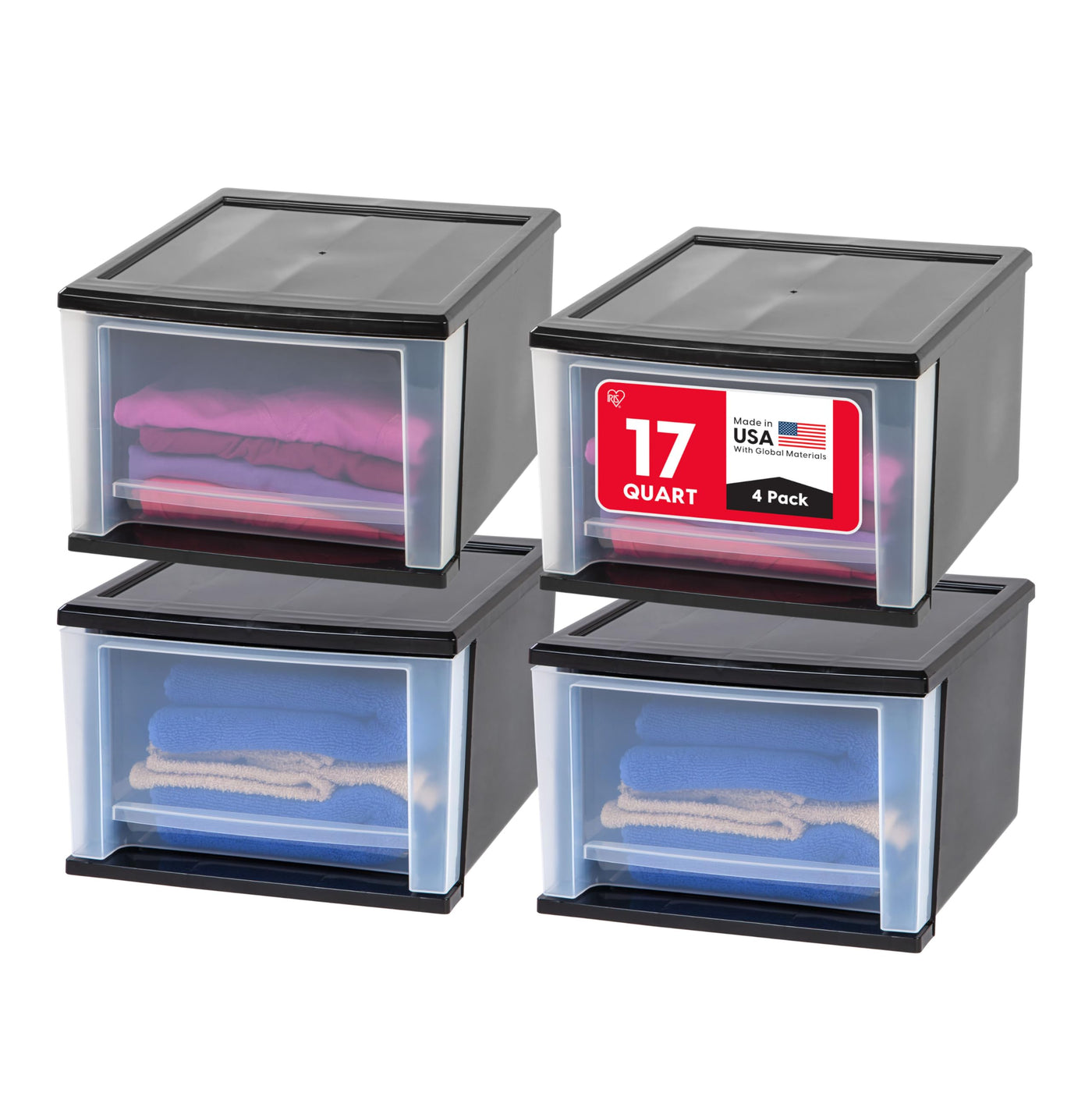 IRIS USA 6 Qt. Plastic Drawer Storage Organizer Stacking Drawers, 2-Pack, Stackable Unit with Sliding Drawer for Bedroom Kitchen Under Sink Pantry Craft Room Bathroom Dorm Office, Black