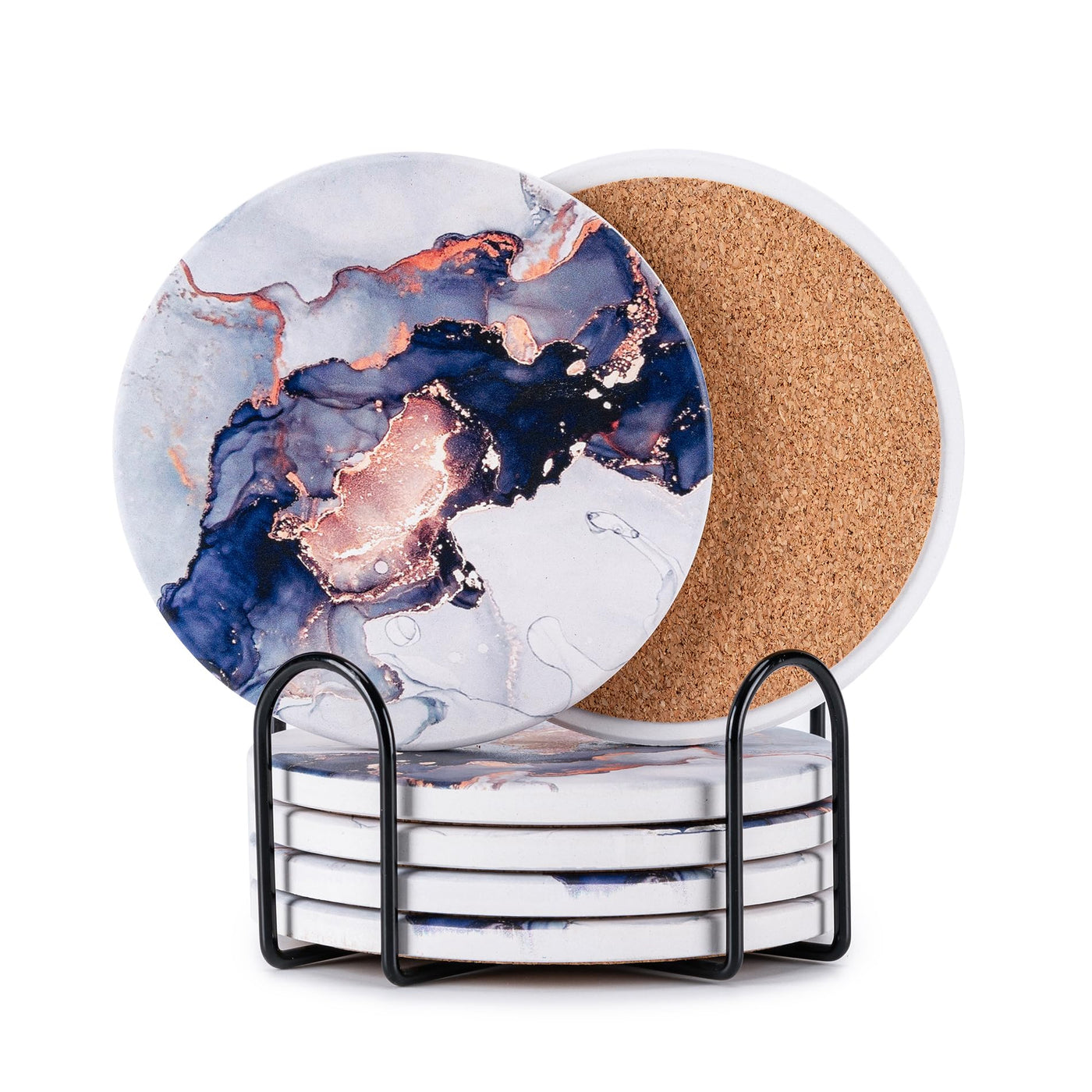 6Pcs Drink Coasters with Holder, Marble Style Ceramic Drink Coaster, Absorbent Coasters Set Suitable for Kinds of Cups, Modern Style Coaster for Coffee Table, 4 Inches