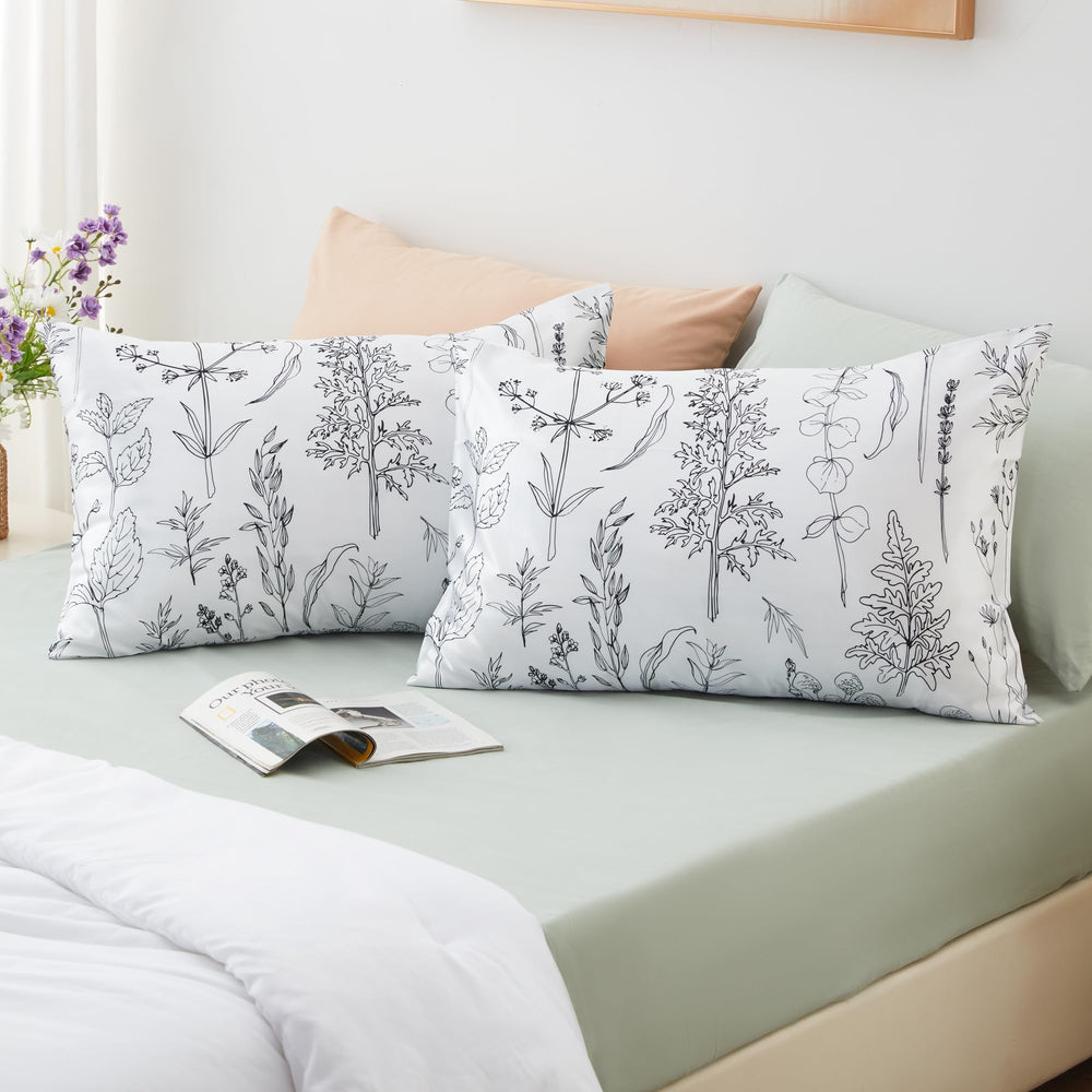 EXQ Home Silky Satin Pillowcase for Hair and Skin,Printed Pillow Cases Standard Size Set of 2 Satin Pillow Case 2 Pack with Envelope Closure(Ink Leaf, 20x26)