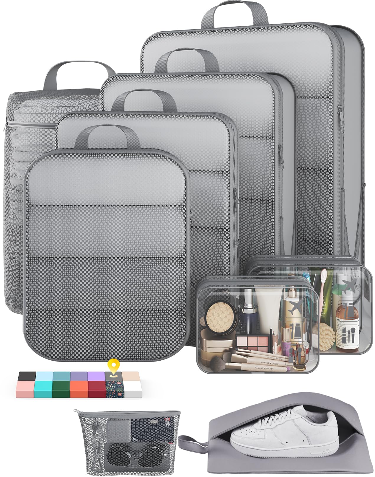 Veken 11-Pack Compression Packing Cubes for Travel Essentials,Compressible Expandable Large Luggage Suitcase Organizer Bags for Clothing,Durable Space Saver Bags with Toiletry Bags(Dark Green)