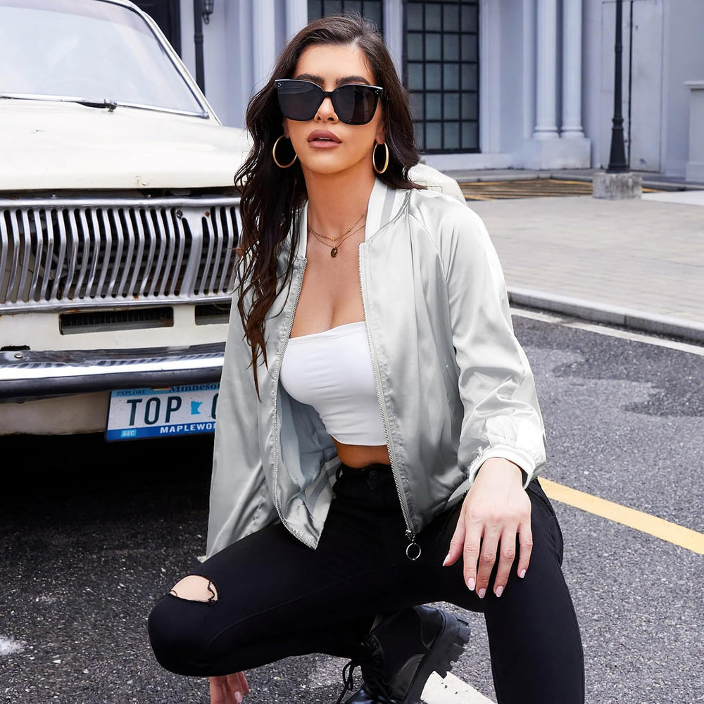 Zando Bomber Jacket Women 2025 - Lightweight Cropped Jacket Zip Up Casual Striped Women Jackets Trendy Outerwear with Pockets
