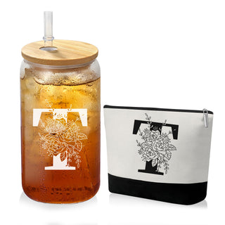 Custom Glass Cup & Makeup Bag Set - Personalized Gifts for Women, Initial 16 oz Glass Tumbler with Lid & Straw, Monogram Makeup Bag - Birthday Gifts For Women, Mother's Day Presents(S)