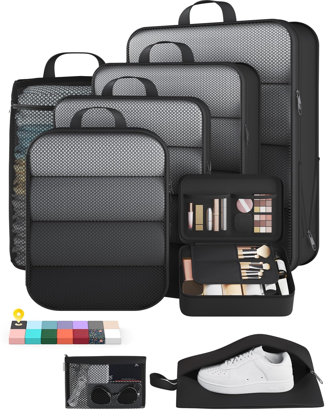 Veken 11-Pack Compression Packing Cubes for Travel Essentials,Compressible Expandable Large Luggage Suitcase Organizer Bags for Clothing,Durable Space Saver Bags with Toiletry Bags(Dark Green)