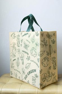 Bagways 30 PACK Reusable Grocery Bags with Handles, Durable, Foldable, Washable Eco-Friendly Shopping Totes, 14x6.5x14 Inch, Beige/Green Eco Doodles Design