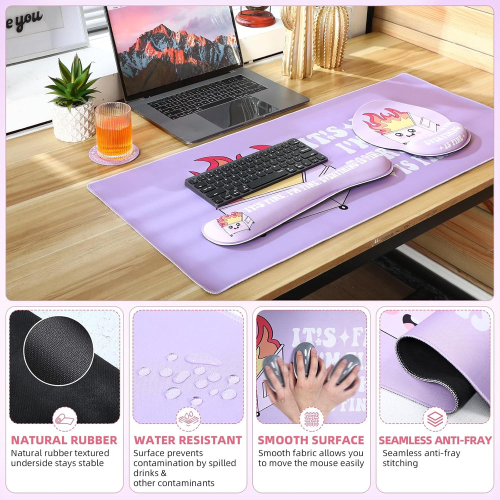 Kingdder 4 Pcs Dumpster Mouse Pad Kit Mouse Wrist Rest, Purple Funny Cute Fire Large Desk Mat, Keyboard Wrist Rest, Coaster, Ergonomic Desk Mat Gaming Work Home Office Accessories Supplies Decor