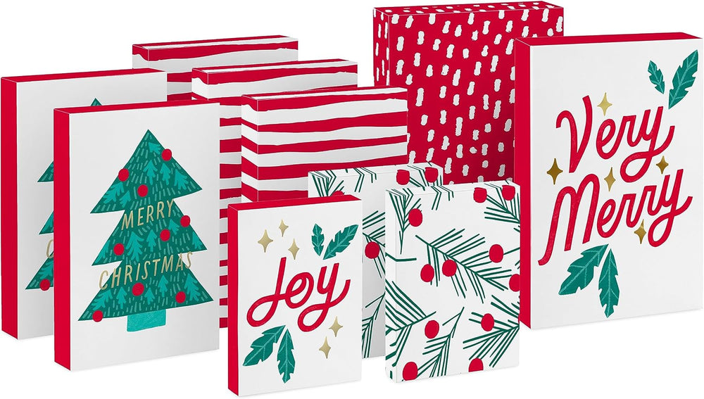 Hallmark Christmas Shirt Boxes for Presents (10 Clothes Boxes with Lids: 3 Small 11", 5 Medium 14", 2 Large 16") Red and White Stripes, Green Tree with Rainbows, Joy, Very Merry