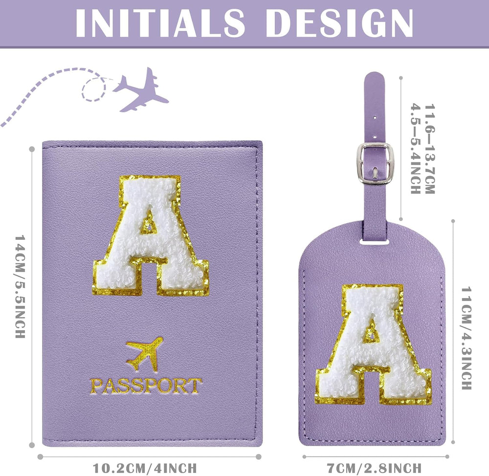 COSHAYSOO Purple Passport Cover Holder and Initial Luggage Tag Set TSA Approved with Personalized Monogram Chenille Letter Patch for Women Teen Girls, Cute Travel Bag Suitcase Identifier (A)