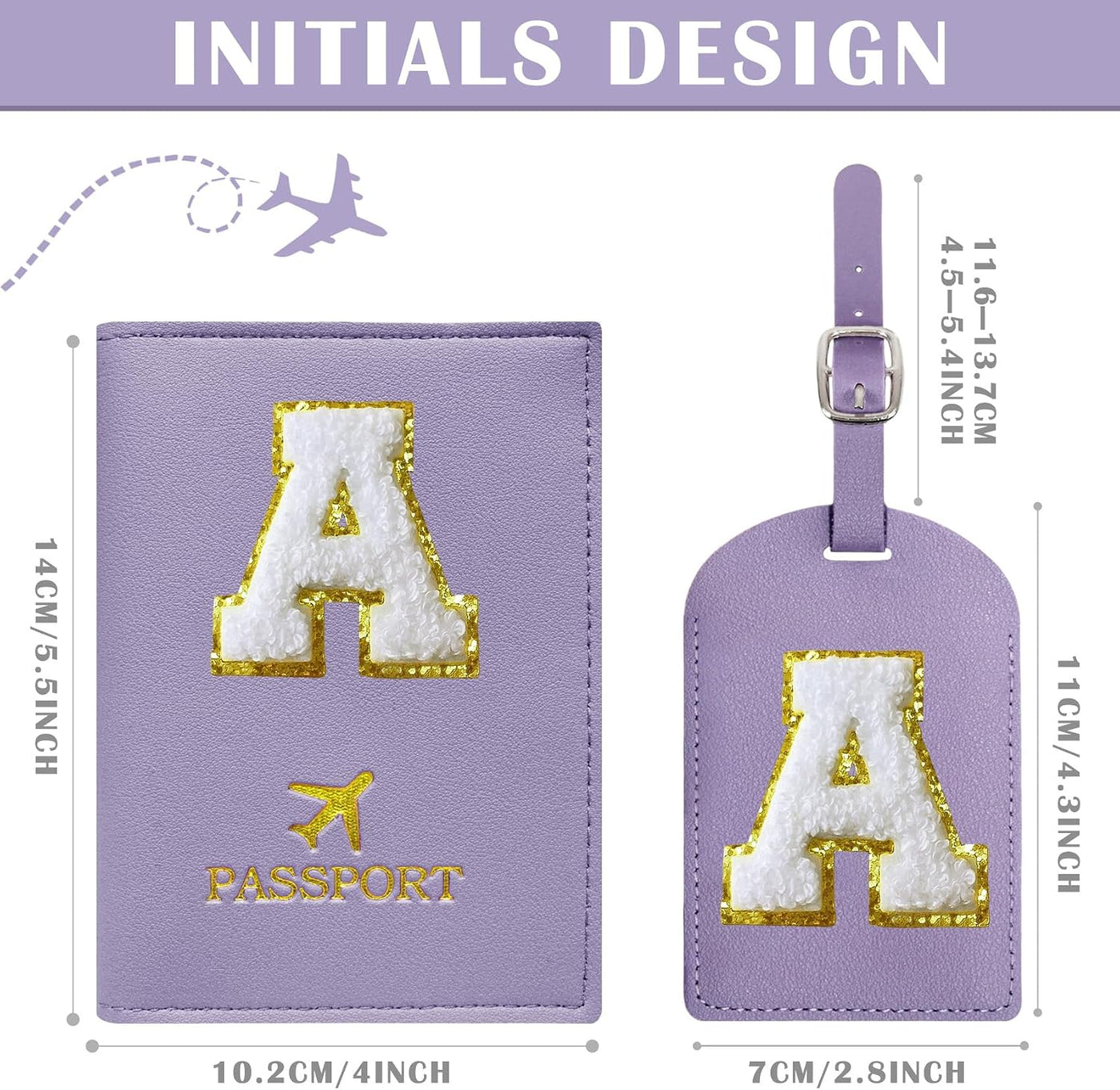 COSHAYSOO Purple Passport Cover Holder and Initial Luggage Tag Set TSA Approved with Personalized Monogram Chenille Letter Patch for Women Teen Girls, Cute Travel Bag Suitcase Identifier (A)