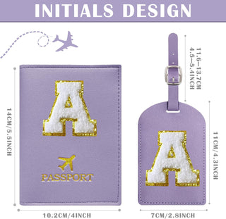 COSHAYSOO Purple Passport Cover Holder and Initial Luggage Tag Set TSA Approved with Personalized Monogram Chenille Letter Patch for Women Teen Girls, Cute Travel Bag Suitcase Identifier (A)