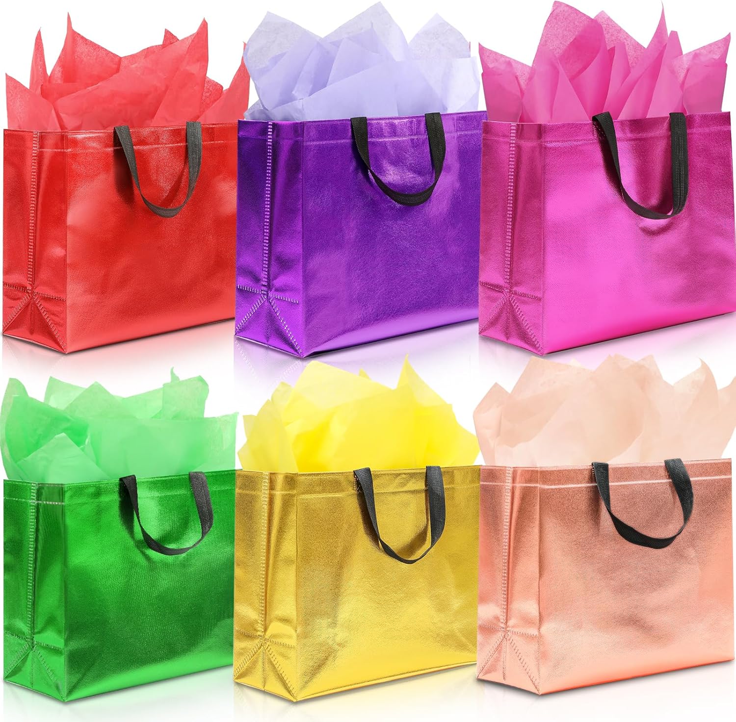 KeerxunBag 12Pcs Reusable Gift Bags（Includes Tissue Paper） Gift bag with handle Birthdays Parties Holidays Weddings Medium 13x5x11in colorful Gift Bags