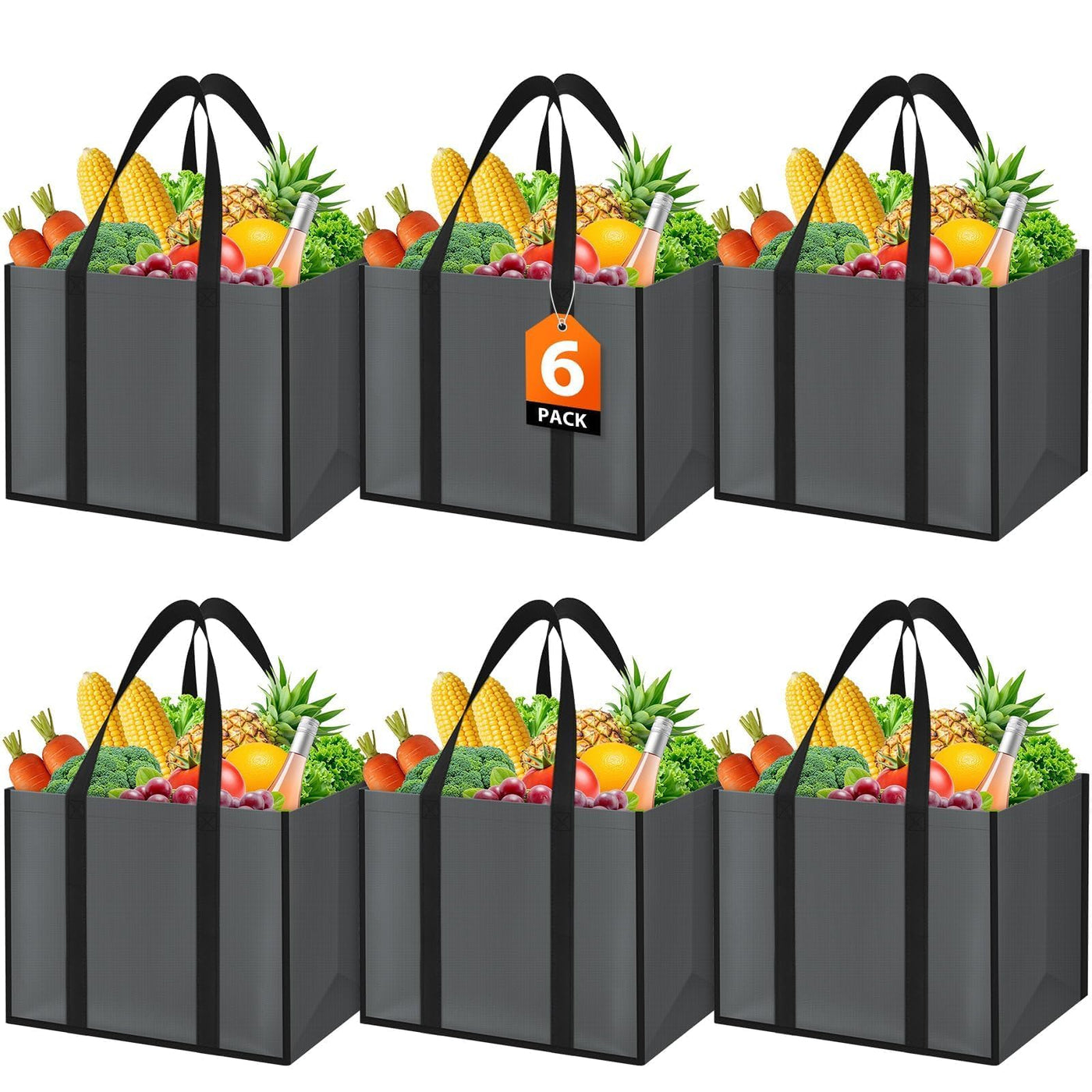WISELIFE Reusable Grocery Bags with Handles - 3 Pack, 35L Large Shopping Bags for Groceries, Water-Resistant & Foldable Grocery Totes for Lasting Use for Kitchen, Market, Car Trunk, Picnic (Gray)