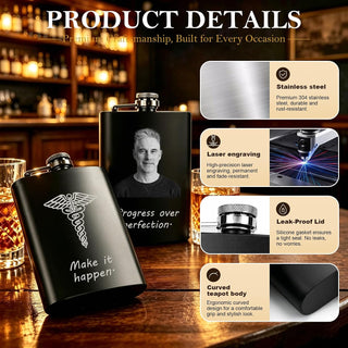 Personalized Photo Flask Custom Engraved Stainless Steel Liquor Flask 8oz Unique Gift Men Husband Dad Groomsmen Wedding Birthday Anniversary Fathers Day (Custom Design)