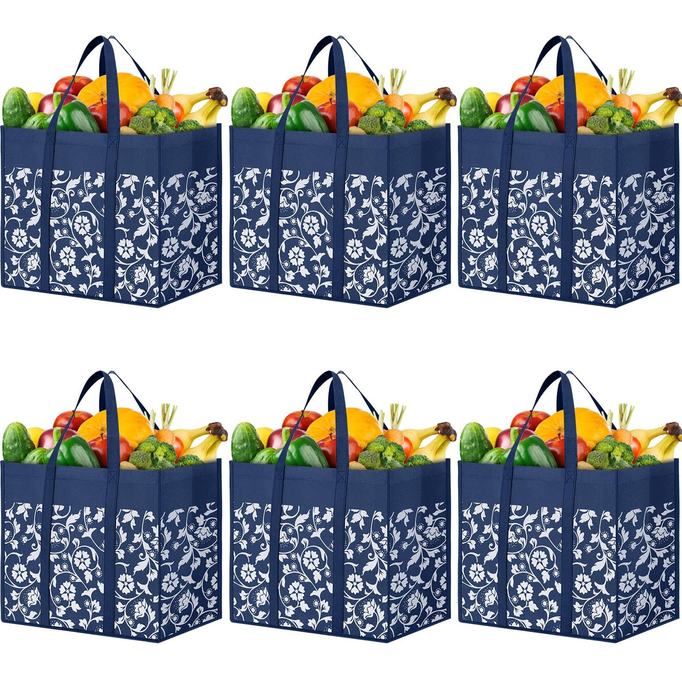WOWBOX Reusable Grocery Bags Foldable Tote Bags Bulk with Reinforced Handles Shopping Bags for Groceries Heavy Duty Kitchen Reusable Grocery Bags with Waterproof Coating 4-Pack, Blue