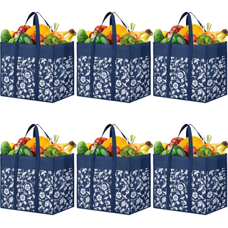 WOWBOX Reusable Grocery Bags Foldable Tote Bags Bulk with Reinforced Handles Shopping Bags for Groceries Heavy Duty Kitchen Reusable Grocery Bags with Waterproof Coating 4-Pack, Blue